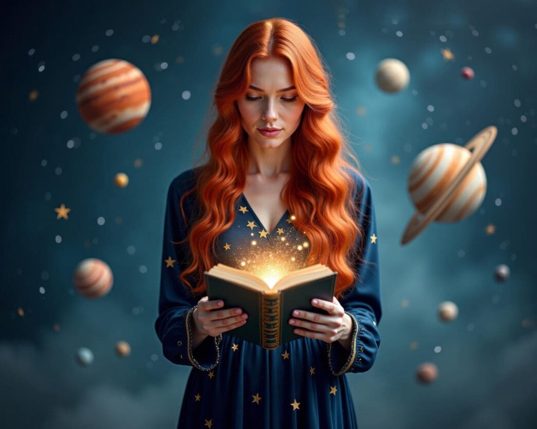 A woman reads a glowing book in a mystical, atmospheric setting.