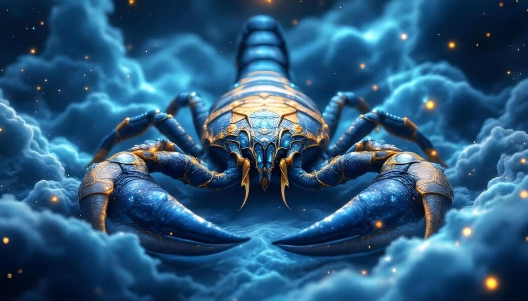 Illustration of the Scorpio zodiac sign as a mystical scorpion in a celestial setting.