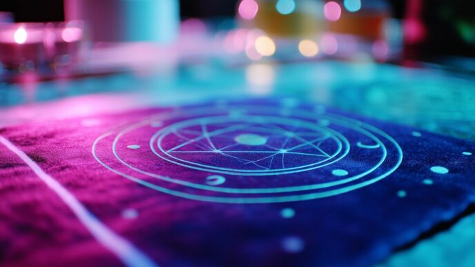 Mystical symbols and glowing lights illuminate a nighttime ritual.
