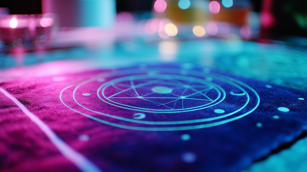 Mystical symbols and glowing lights illuminate a nighttime ritual.