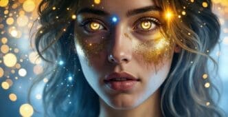 A woman with glowing golden eyes and sparkling accents is depicted.