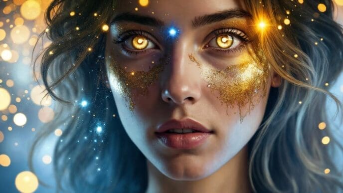 A woman with glowing golden eyes and sparkling accents is depicted.
