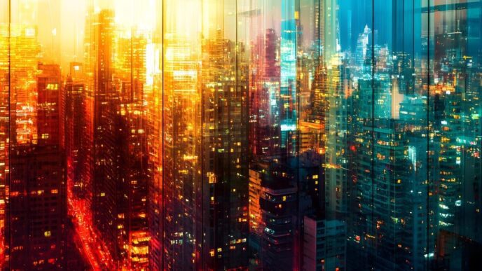 Night cityscape with bright lights reflected in glass windows.