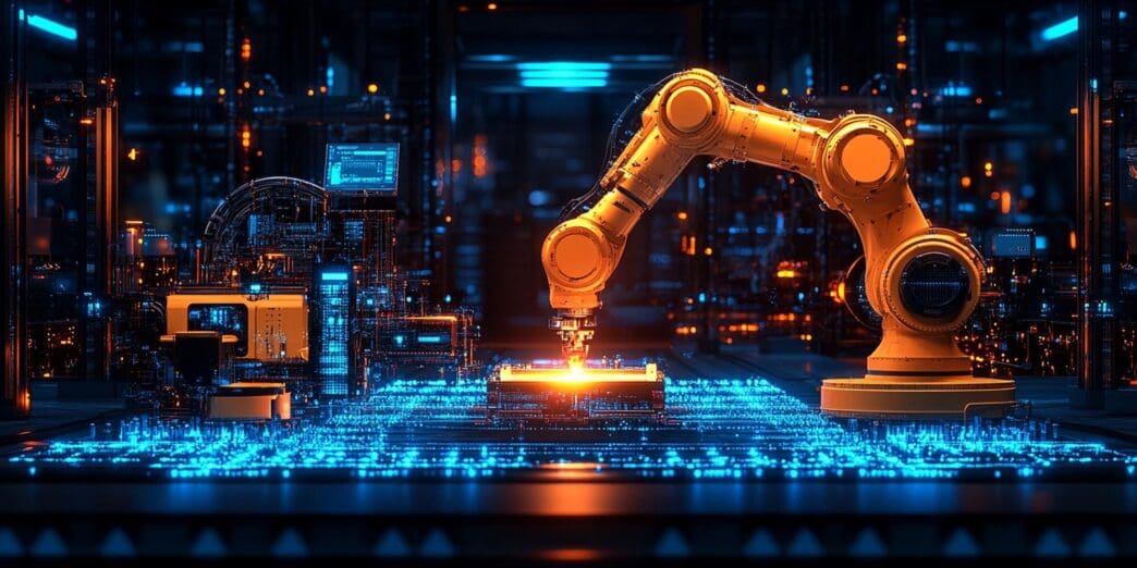 A nighttime view of a distribution center with bright lights illuminating the exterior.