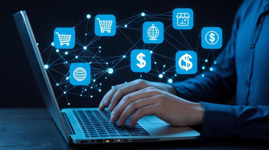 Digital icons representing online business concepts connected by a network.