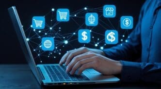 Digital icons representing online business concepts connected by a network.