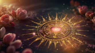 Oracle card depicting a glowing, heart-shaped crystal emanating golden and pink light.