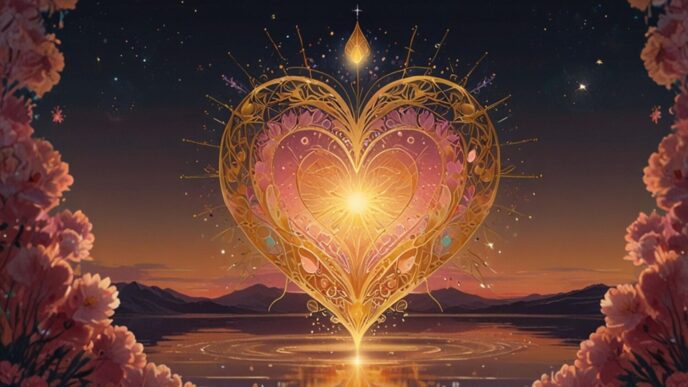 An oracle card depicts a luminous, crystal-clear heart emanating golden and pink light.