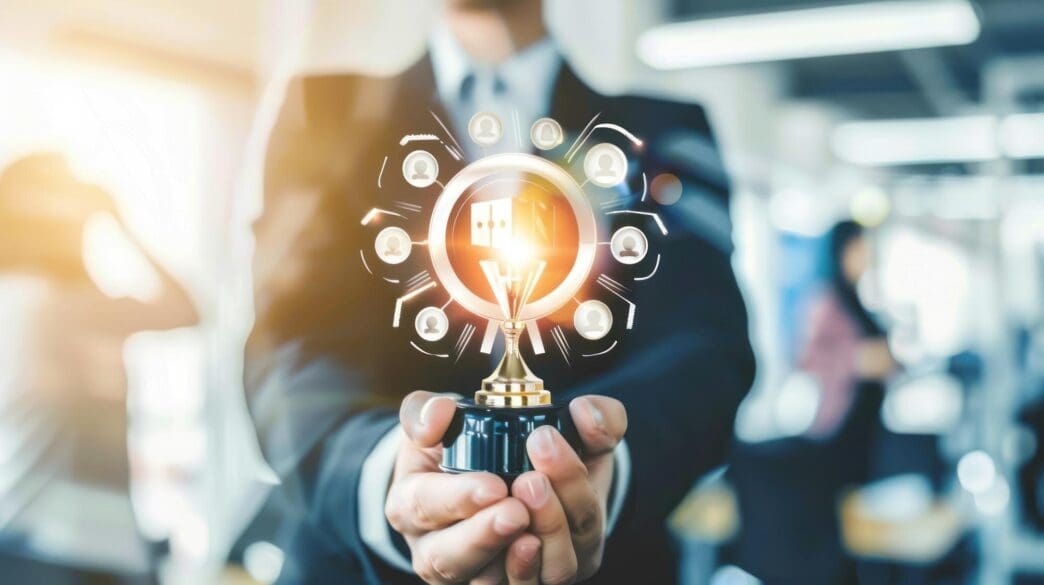 A graphic of people interacting with a user interface that features a trophy icon.