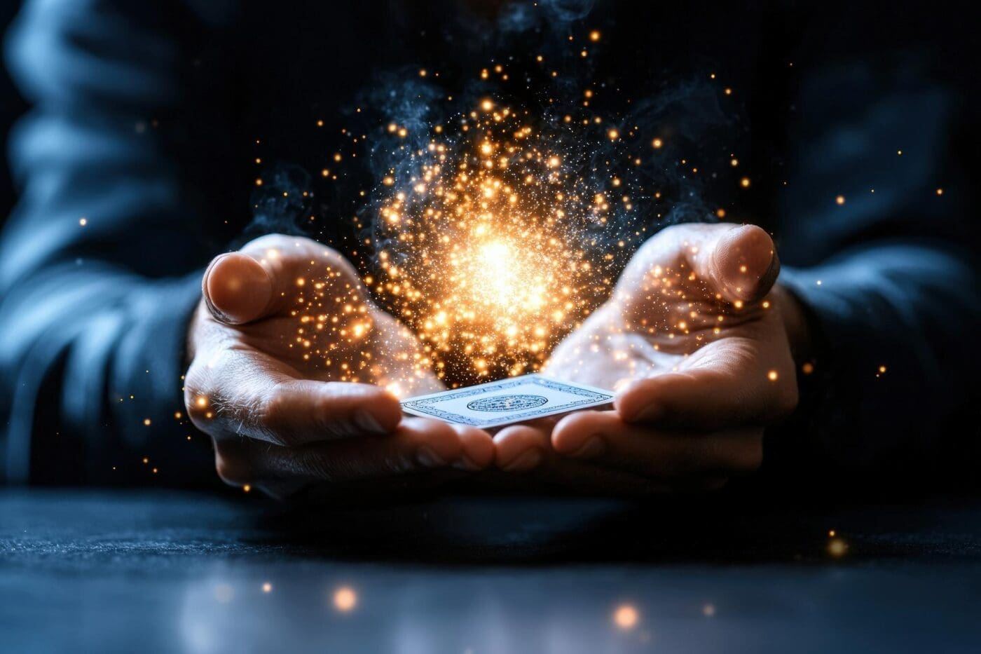 A person holds a card, with magical sparks radiating from their hands.