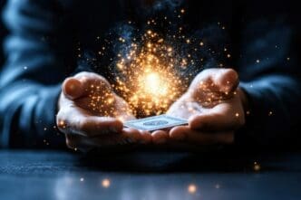 A person holds a card, with magical sparks radiating from their hands.