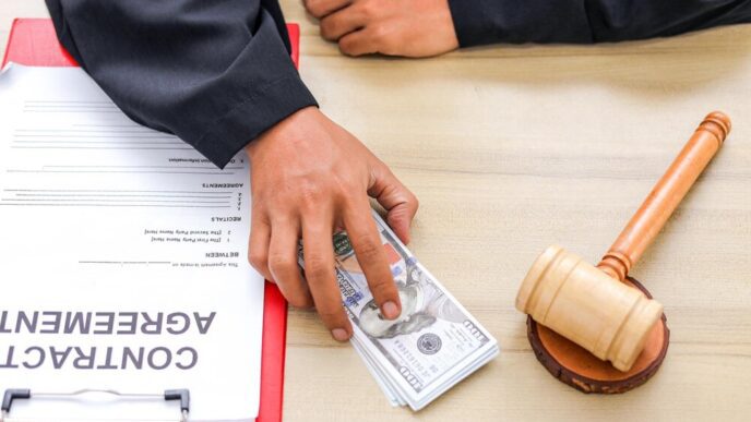 A person in a judge's robe places a stack of money on a desk, symbolizing a corrupt deal.