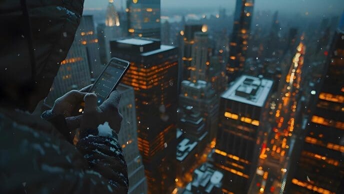 A person uses a cell phone while standing in a city at night, with lights illuminating the background.