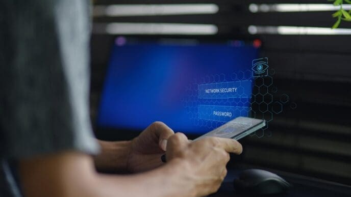 A person uses a smartphone to interact with a network security technology interface.