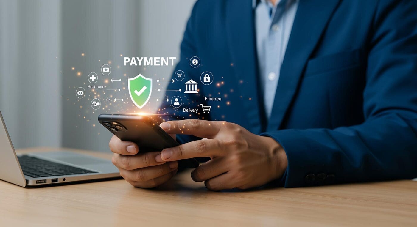 Person's hands holding a smartphone, likely making a secure online payment.