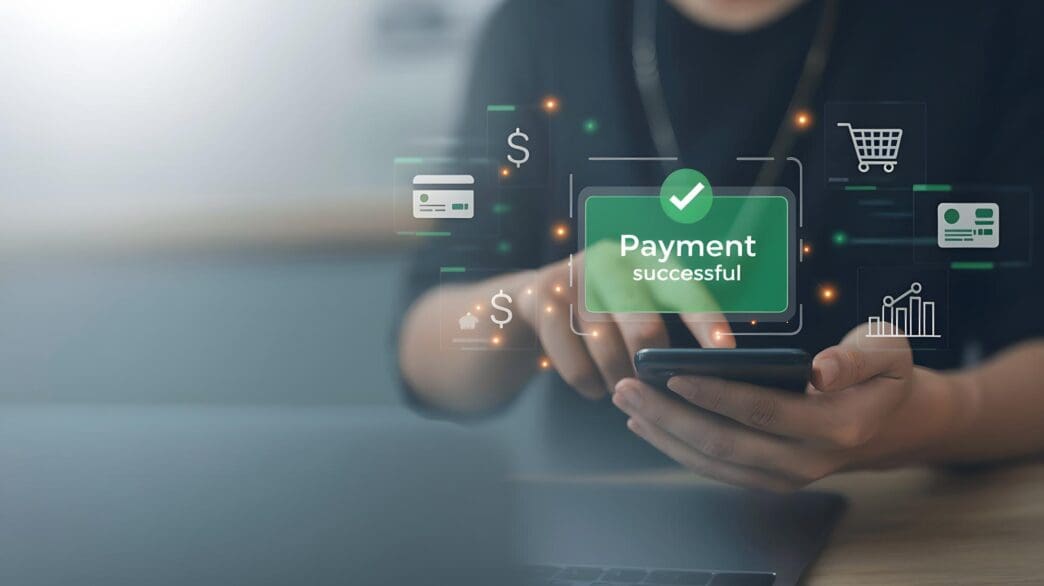 A person uses a smartphone displaying a successful digital payment interface with related icons.