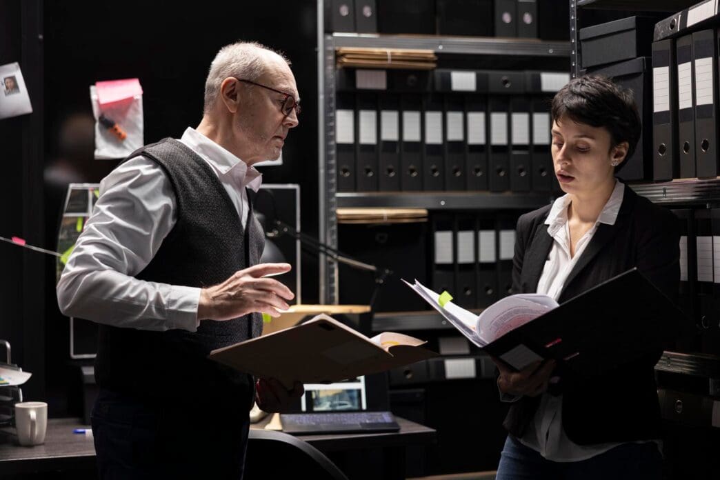 A police officer and a detective examine fingerprints and witness statements at a crime scene.
