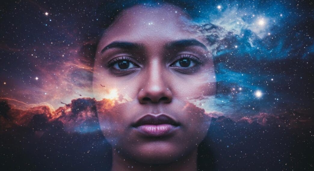 A woman's portrait is overlaid with a colorful nebula, representing cosmic concepts and the inner self.