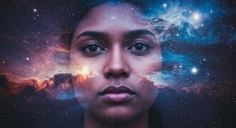 A woman's portrait is overlaid with a colorful nebula, representing cosmic concepts and the inner self.