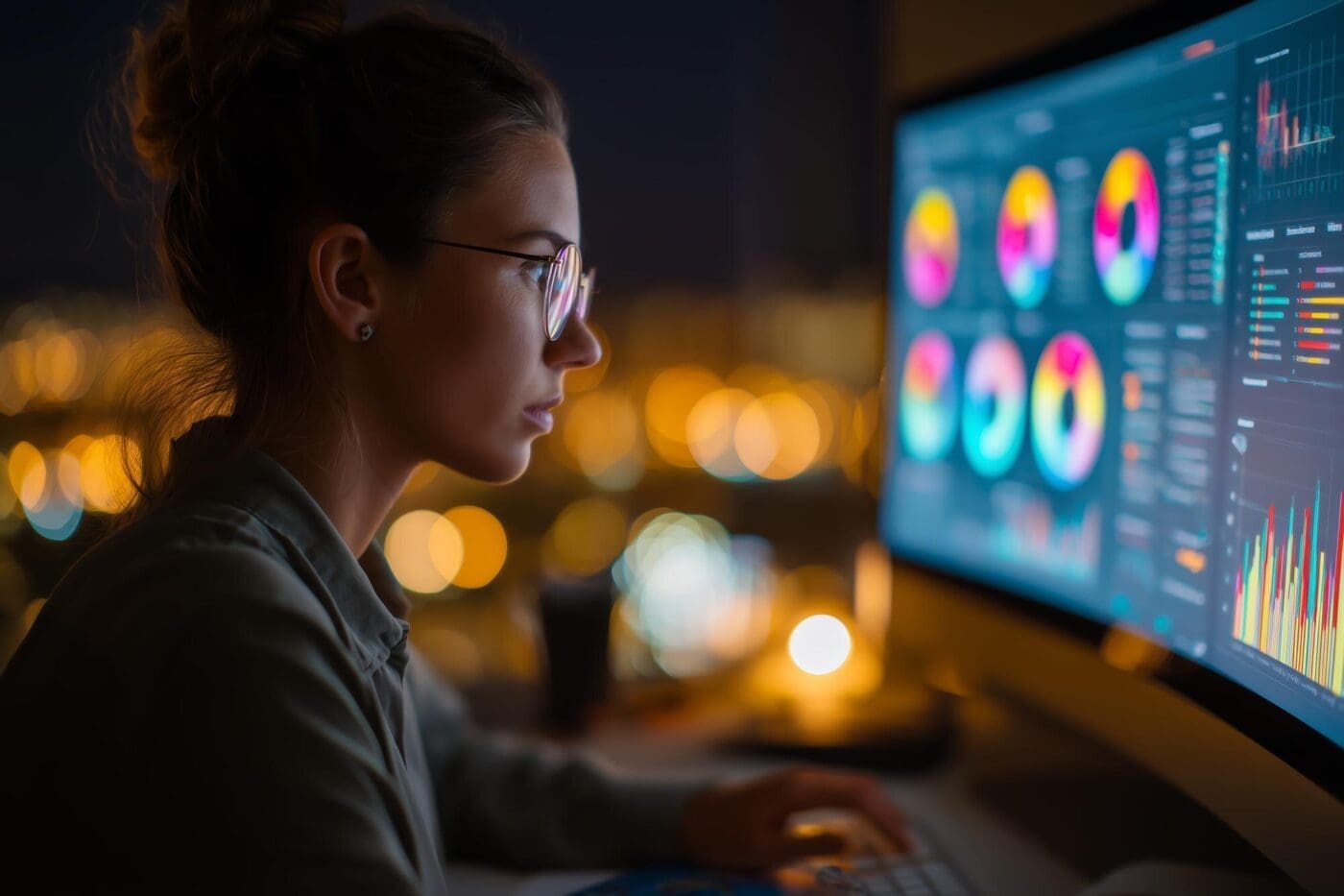 A professional woman analyzes data on a screen, illuminated by the glow of city lights at night.