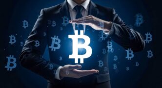 A businessman's hands cradle a Bitcoin symbol, symbolizing protection and embracing the cryptocurrency.