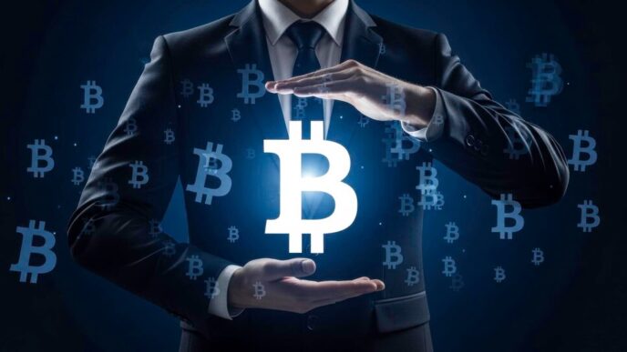 A businessman's hands cradle a Bitcoin symbol, symbolizing protection and embracing the cryptocurrency.