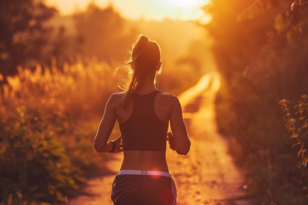 Rear view of a woman running downhill towards a mountain range in the distance.