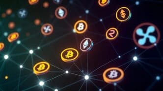 A graphic depicts the phrase "Redefining Finance Through Technology" in a futuristic, digital style.