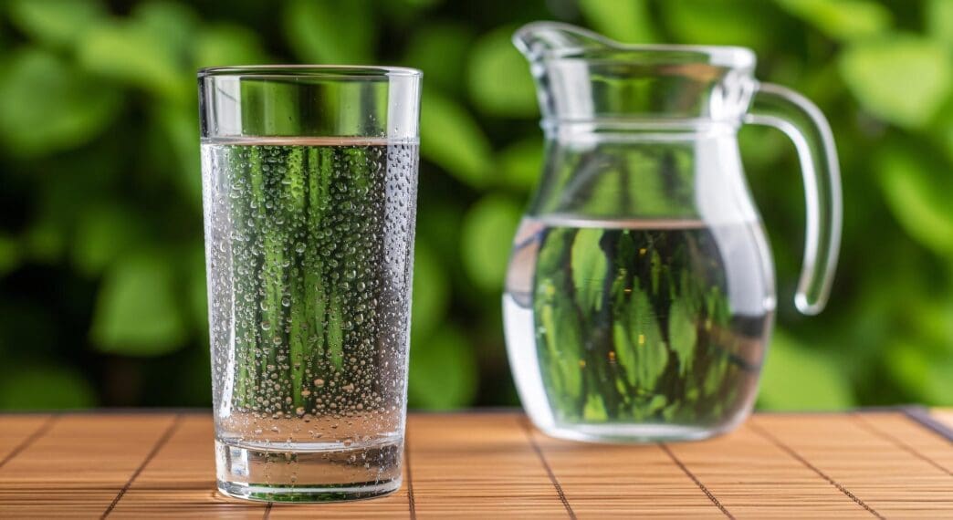 A glass and pitcher of sparkling water sit outdoors on a table.