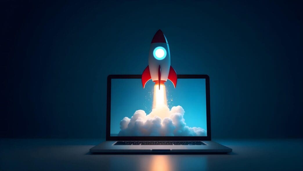 A stylized rocket bursts from a laptop screen, symbolizing a business launch, creative momentum, and progress.