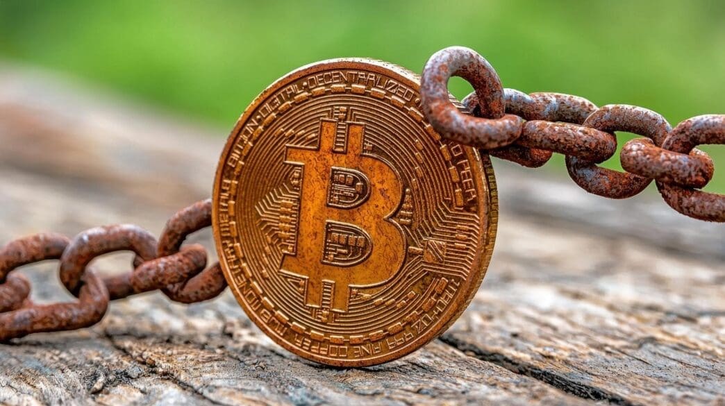 A rusty chain binds a gold Bitcoin on a piece of weathered wood.