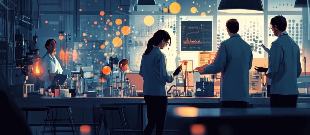 Scientists in a futuristic lab with glowing equipment collaborate, analyzing data.