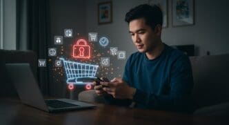 A person uses a laptop to make an online purchase with a credit card, illustrating a secure online shopping experience.