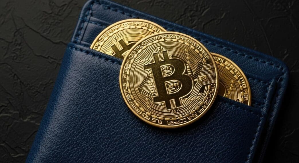 A sleek, modern digital wallet displays Bitcoin symbols, representing secure cryptocurrency storage.
