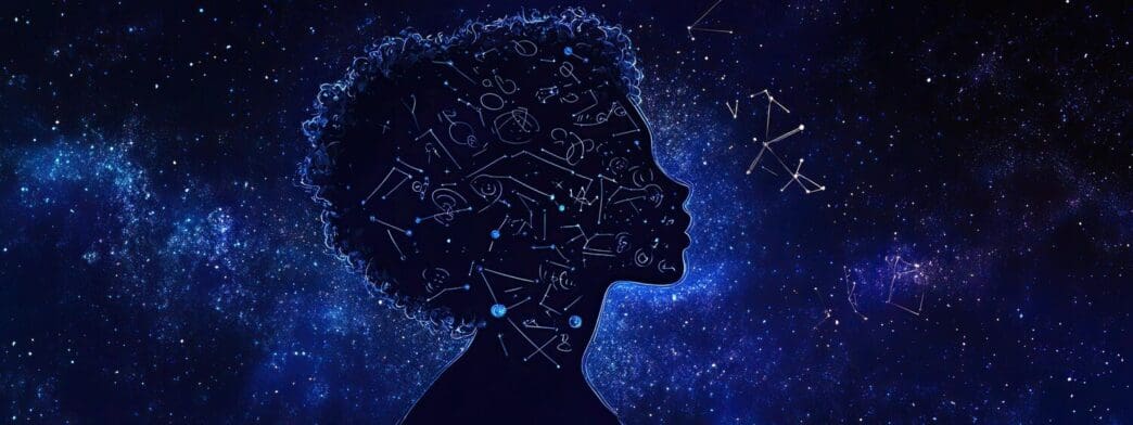 Silhouette of a person's head with mathematical equations and symbols swirling around it, representing the study of artificial intelligence, data science, and computer engineering.