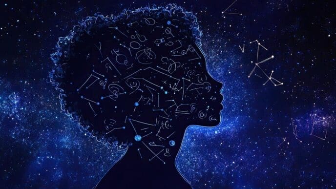 Silhouette of a person's head with mathematical equations and symbols swirling around it, representing the study of artificial intelligence, data science, and computer engineering.