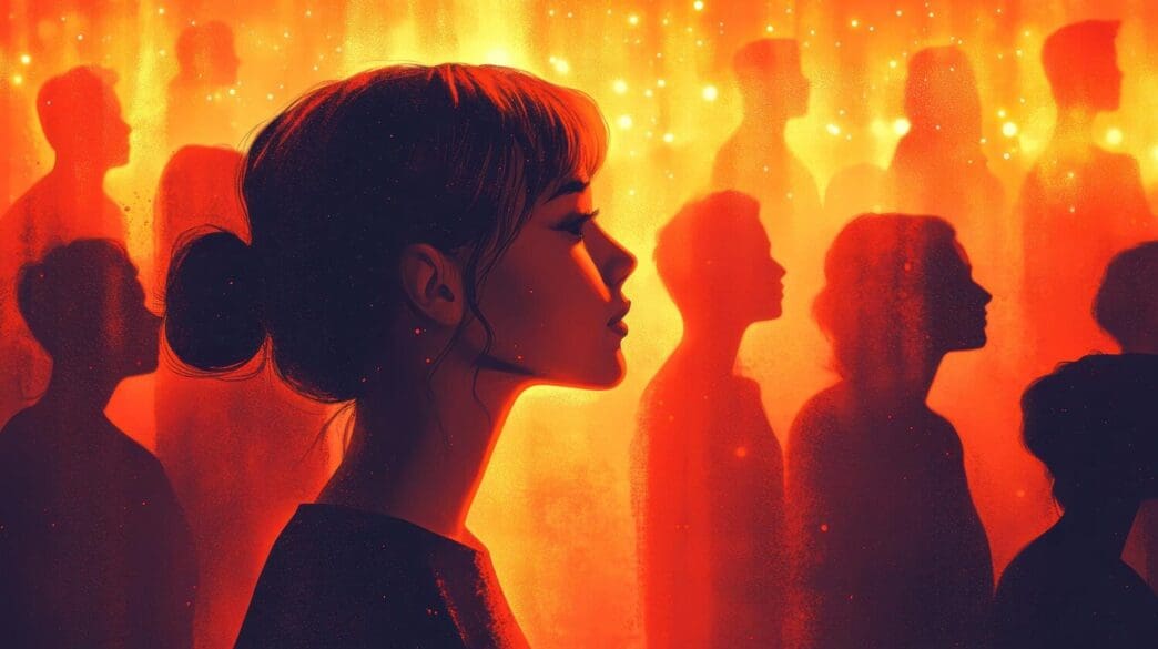 Silhouette of a woman against a colorful, abstract background with various figures.