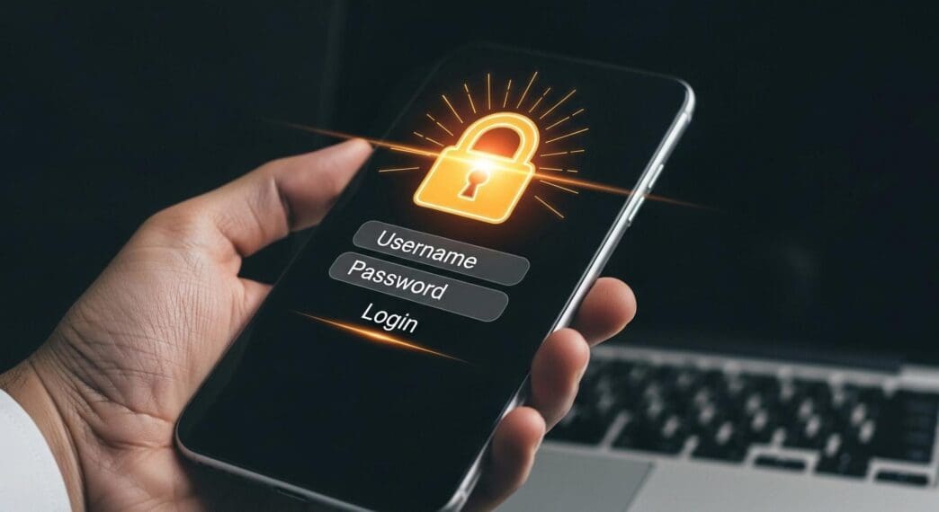 Smartphone login screen with a lock icon and fields for username and password.