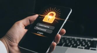 Smartphone login screen with a lock icon and fields for username and password.