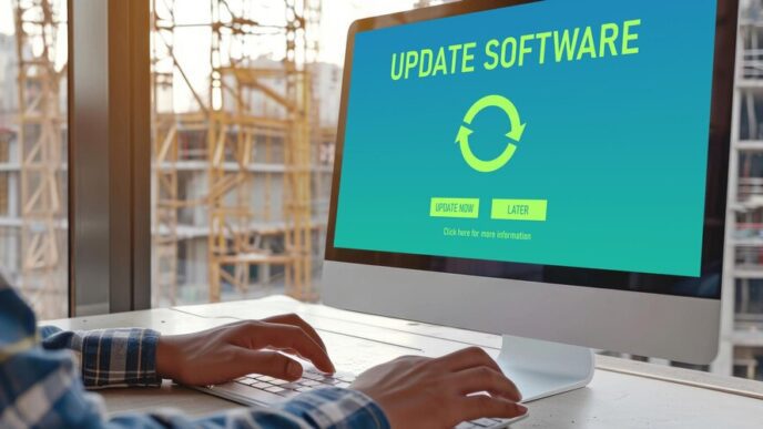 A computer screen displays a software update in progress for a device.