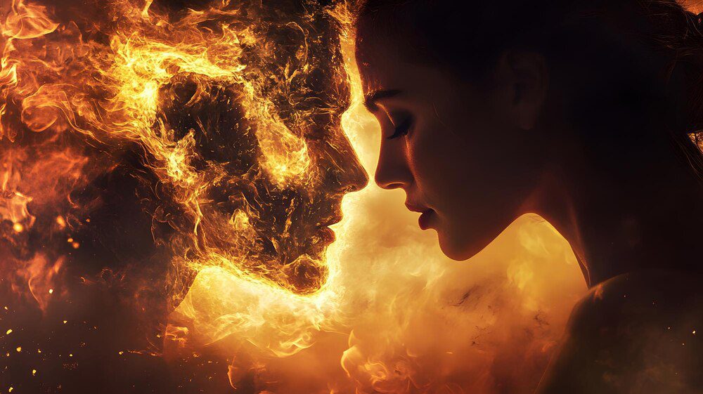 Two people embrace, their bodies outlined in flames.