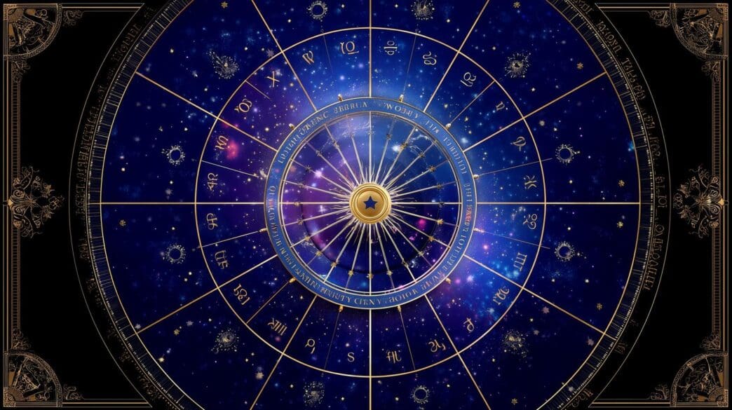 A colorful star map displays zodiac signs and constellations against a dark, starry sky.