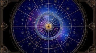 A colorful star map displays zodiac signs and constellations against a dark, starry sky.