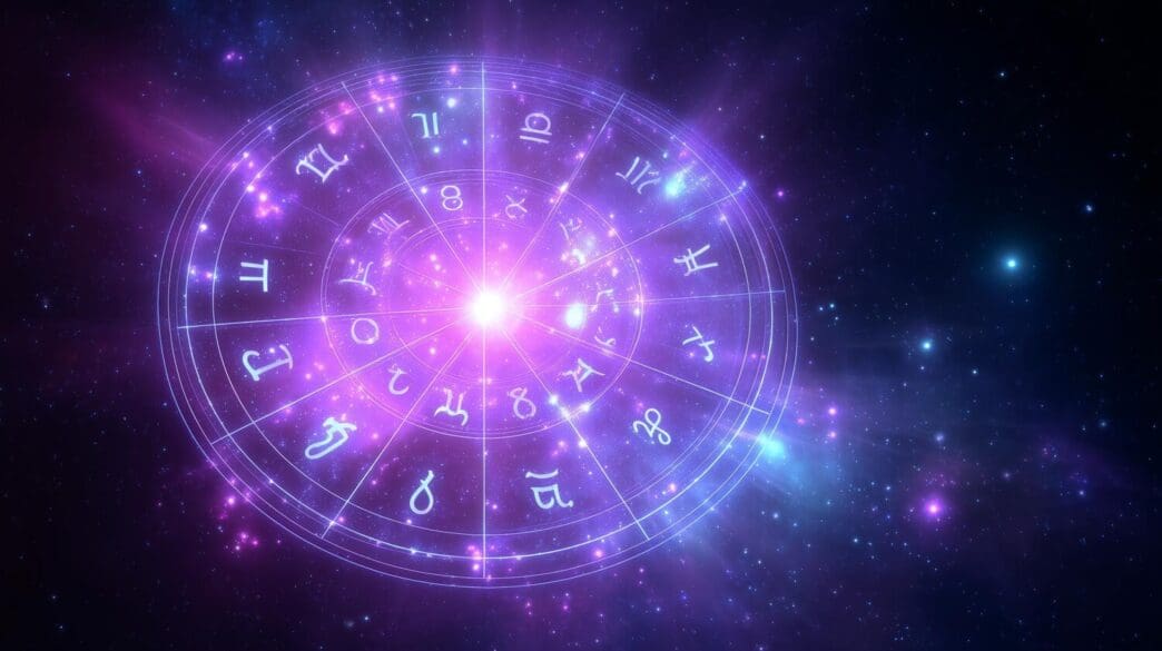 A colorful zodiac wheel with constellations and symbols set against a purple and blue cosmic backdrop.