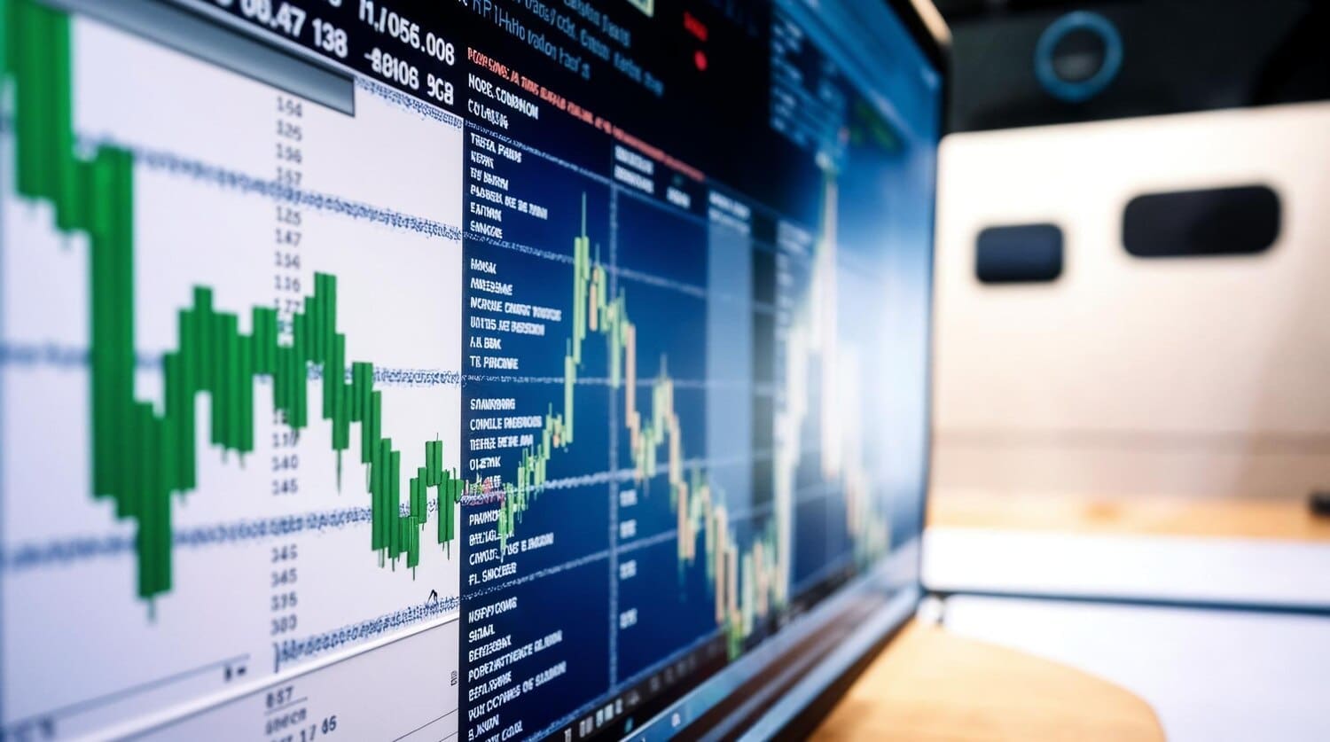 A person analyzes stock market data on a computer screen.