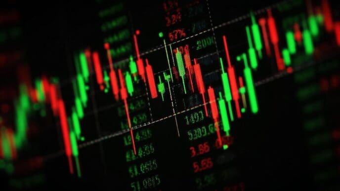 Candlestick chart illustrating stock market trends with red and green bars.