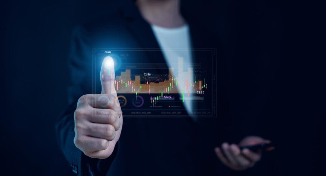 A digital graph displays financial data, representing stock market investments, funds, and digital assets, related to forex trading and the investment concept.