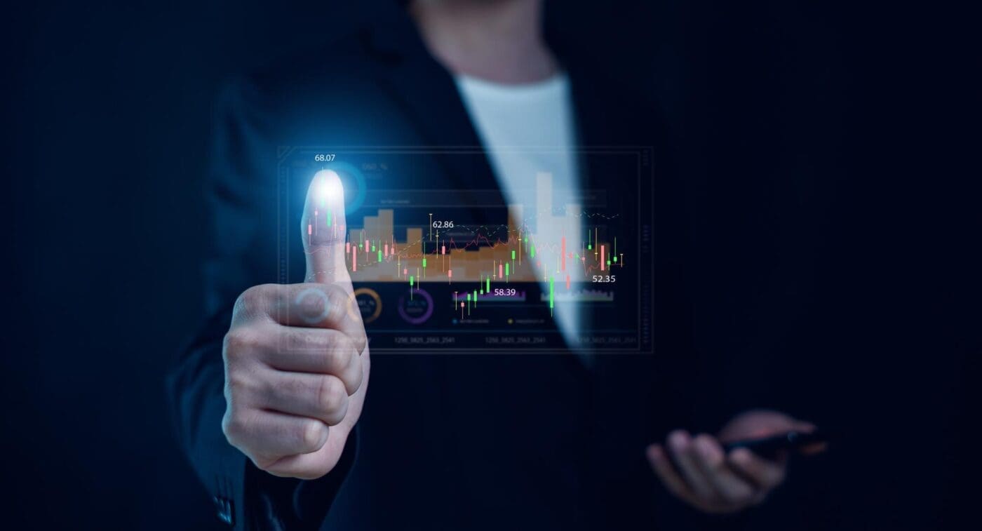 A digital graph displays financial data, representing stock market investments, funds, and digital assets, related to forex trading and the investment concept.
