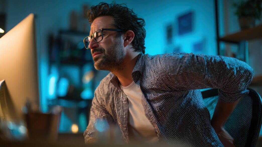 A businessman grimaces in pain while sitting at his desk, clutching his lower back in a home office setting.