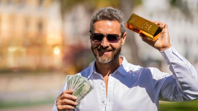 A wealthy businessman holds a gold bar and stacks of cash, illustrating financial success.